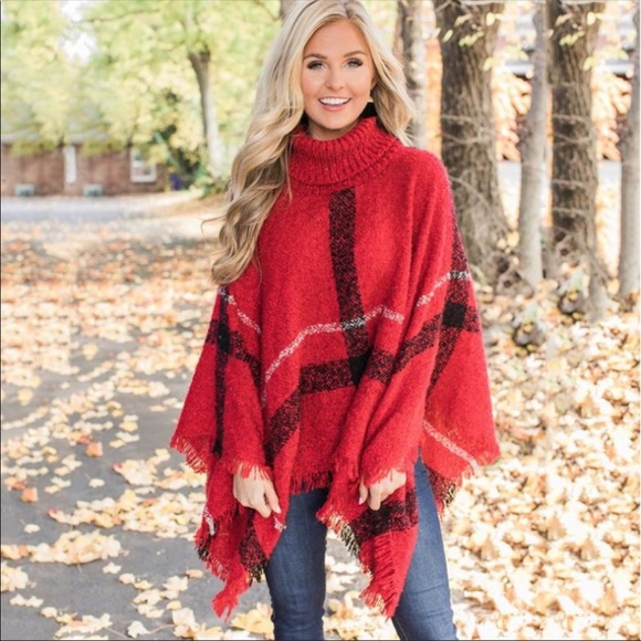 Sweaters - Red Plaid Turtle Neck Fringe Hem Sweater Poncho